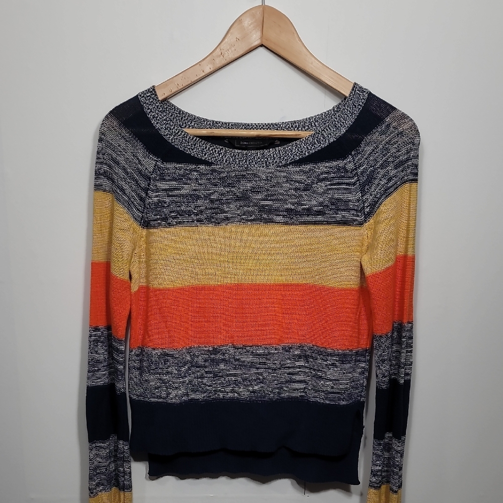 BCBG MaxAzria Navy and Orange Striped Crew Neck Sweater